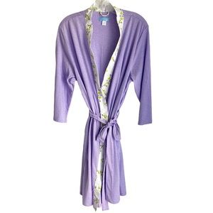 Celestial Dreams Size Large Belted Purple Dotted Robe with Floral Print Trim